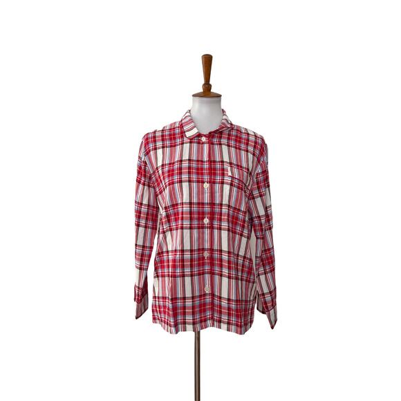 J. Crew Tops - J Crew Womens Flannel Pajama Button Up Plaid Top Long Sleeve Red S Small